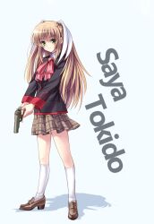 Rule 34 | 1girl, absurdres, black jacket, blonde hair, blush, bow, brown footwear, character name, closed mouth, commentary, full body, green eyes, grey background, gun, hair between eyes, hair ribbon, handgun, highres, holding, holding gun, holding weapon, jacket, kneehighs, little busters!, little busters! school uniform, loafers, long hair, long sleeves, longmei er de tuzi, looking at viewer, miniskirt, own hands together, pink bow, plaid, plaid skirt, pleated skirt, ribbon, school uniform, shoes, sidelocks, simple background, skirt, smile, socks, solo, standing, straight hair, tokido saya, v-shaped eyebrows, very long hair, weapon, white ribbon, white socks