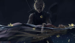 Rule 34 | 1boy, 1girl, aerith gainsborough, blonde hair, bubble, closed mouth, cloud strife, dark background, death, dress, closed eyes, final fantasy, final fantasy vii, floating, flower, forgotten city, highres, hood, jewelry, long hair, simple background, spoilers, sword, very long hair, water, weapon, wlop