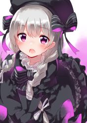 Rule 34 | 10s, 1girl, absurdres, blush, braid, dress, fate/extra, fate (series), frills, gloves, grey hair, hat, highres, long hair, nursery rhyme (fate), open mouth, purple eyes, ribbon