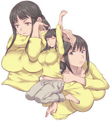 Rule 34 | 1girl, absurdres, arms up, barefoot, braid, braided ponytail, breasts, brown eyes, brown hair, brown pants, closed mouth, collarbone, commentary, eyelashes, closed eyes, frown, full body, groin, highres, large breasts, long hair, midriff peek, multiple views, pants, segawa misato, sena monaco, shirobako, shirt, sidelocks, simple background, sitting, stretching, wariza, wavy mouth, white background, yellow shirt