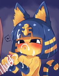 Rule 34 | 1boy, 1girl, animal crossing, animal ear fluff, animal ears, ankha (animal crossing), bar censor, black eyes, blonde hair, blue hair, blush, bob cut, body fur, cat ears, cat girl, cat tail, censored, collarbone, cum, cum on hair, cum on hands, cum on penis, facial, furry, furry female, furry with non-furry, hair ornament, half-closed eyes, heart, hetero, highres, interspecies, multicolored hair, nintendo, nude, open mouth, pawpads, penis, penis grab, samimitan, short hair, snake hair ornament, solo focus, spoken heart, striped tail, sweat, tail, tongue, tongue out, two-tone hair, upper body, yellow fur