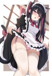 Rule 34 | 1girl, absurdres, animal ears, apron, black dress, black hair, black skirt, blush, cat ears, cat girl, cat tail, clothes lift, dress, frilled apron, frills, garter straps, highres, lifted by self, long sleeves, looking at viewer, maid, maid apron, maid headdress, multicolored hair, okiq, open mouth, original, panties, pink hair, pink panties, red eyes, skirt, skirt lift, tail, thighhighs, twintails, two-tone hair, underwear, waist apron, white apron, white thighhighs