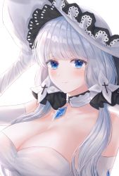 Rule 34 | 1girl, azur lane, bad id, bad pixiv id, bare shoulders, blue eyes, blue gemstone, blush, breasts, cleavage, closed mouth, collarbone, detached collar, dress, elbow gloves, gem, gloves, h4m (nacho0101), hair ornament, hair scrunchie, hand on headwear, hand up, hat, highres, illustrious (azur lane), large breasts, long hair, looking at viewer, mole, mole under eye, scrunchie, silver hair, smile, solo, strapless, strapless dress, sun hat, upper body, white dress, white gloves, white hat