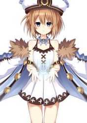 Rule 34 | 1girl, bare shoulders, blanc (neptunia), blue eyes, blush, brown hair, coat, cowboy shot, dress, fur trim, hair between eyes, hat, highres, looking at viewer, neptune (series), open mouth, power symbol, short hair, simple background, solo, spaghetti strap, white background, white dress, zero (ray 0805)
