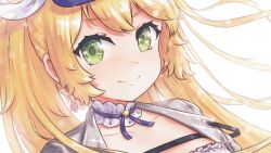 Rule 34 | 1girl, blonde hair, blush, choker, closed mouth, collar, commentary, dokibird (vtuber), earrings, frilled collar, frilled shirt, frills, green eyes, grey jacket, highres, indie virtual youtuber, jacket, jewelry, looking at viewer, neck ribbon, ribbon, shirt, smile, solo, twintails, upper body, virtual youtuber, vorisar, white choker, white shirt