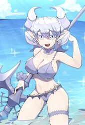 Rule 34 | 1girl, bikini, blue sky, breasts, cloud, collar, dillo (smootharmadillo), drill hair, duel monster, earrings, grey bikini, grey collar, grey eyes, grey hair, halberd, highres, holding, holding weapon, jewelry, large breasts, looking at viewer, lovely labrynth of the silver castle, no nose, ocean, pointy ears, polearm, sky, solo, swimsuit, weapon, weapon behind back, yu-gi-oh!