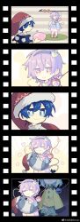 Rule 34 | 3girls, 5koma, :&gt;, :3, absurdres, black capelet, black hairband, blouse, blue eyes, blue hair, blue shirt, bright pupils, buttons, capelet, chinese commentary, closed eyes, closed mouth, comic, commentary, creatures (company), cross-shaped pupils, diamond button, doremy sweet, doremy sweet (baku), dream soul, film reel, floral print, frilled shirt collar, frilled sleeves, frills, game freak, green hair, green skirt, hair between eyes, hair ornament, hairband, hat, heart, heart-shaped pupils, heart hair ornament, highres, ko kita, komeiji koishi, komeiji satori, long sleeves, looking at another, messy hair, multiple girls, nightcap, nintendo, petting, pink hair, pink skirt, pokemon, pokemon battle, pom pom (clothes), red eyes, red footwear, red headwear, rose print, shirt, short hair, silent comic, skirt, slippers, smile, socks, symbol-shaped pupils, third eye, touhou, weibo logo, weibo username, white pupils, white socks, wide sleeves, yellow pupils, yellow shirt