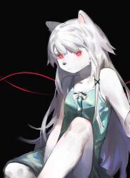 Rule 34 | 1girl, albino, animal ears, black background, body fur, bright pupils, chemise, closed mouth, feet out of frame, furry, furry female, hand up, highres, long hair, looking at viewer, original, red eyes, simple background, sitting, sleeveless, solo, string, string of fate, tail, very long hair, white fur, white hair, white pupils, wolf ears, wolf girl, wolf tail, yuuko (yuuko891)