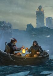 Rule 34 | 2boys, boat, building, european clothes, gwent (game), highres, holding, holding lantern, hood, ice, julian alfred pankratz, lantern, multiple boys, non-web source, oar, outdoors, rowboat, rowing, sitting, snowing, the witcher (series), water, watercraft