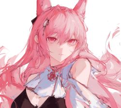Rule 34 | 1girl, animal ears, arknights, ascot, bare shoulders, black bra, bra, extra ears, hair between eyes, hair intakes, hair ornament, lch, long hair, looking at viewer, pink eyes, pink hair, pozyomka (arknights), resolution mismatch, revision, simple background, solo, source larger, underwear, white ascot, white background, wolf ears, wolf girl