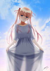 Rule 34 | 1girl, backlighting, blonde hair, blue eyes, blue sky, blunt bangs, blush, closed mouth, cloud, collarbone, commentary request, day, dress, fang, fang out, feet out of frame, grey dress, hair ribbon, highres, long hair, no bra, no panties, outdoors, red ribbon, ribbon, saenai heroine no sodatekata, satou chagashi, sawamura spencer eriri, see-through silhouette, short sleeves, sidelocks, signature, skin fang, skirt hold, sky, smile, solo, standing, twintails