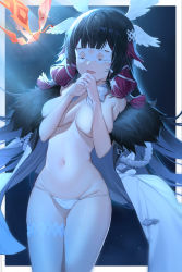 Rule 34 | 1girl, :d, absurdres, black hair, breasts, bug, closed eyes, coat, columbina (genshin impact), convenient arm, covered erect nipples, dark background, eye mask, fur-trimmed coat, fur trim, genshin impact, hair ribbon, head wings, highres, insect, long hair, medium breasts, moth, multicolored hair, navel, no bra, open clothes, open coat, open mouth, own hands clasped, own hands together, panties, red hair, ribbon, samart, smile, solo, thigh strap, tress ribbon, two-tone hair, underwear, white coat, white mask, white panties, wings