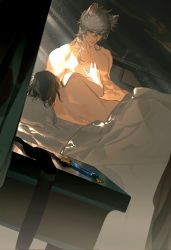 Rule 34 | 2boys, akai 999, animal ears, arknights, bed sheet, black hair, blanket, collarbone, doctor (arknights), dutch angle, facing away, grey hair, hair between eyes, hand on another&#039;s chest, highres, indoors, leopard boy, leopard ears, light particles, long hair, looking away, lying, male doctor (arknights), male focus, morning, multiple boys, necktie, unworn necktie, nude, on side, pillow, reclining, short hair, silverash (arknights), sunlight, table, under covers, yaoi