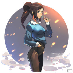 Rule 34 | 1girl, absurdres, blue shirt, brown eyes, brown hair, brown pants, candy, food, hand in pocket, high-waist pants, highres, kunsword, lollipop, long hair, looking at viewer, pants, ponytail, shirt, solo, solo leveling, sung jin-ah