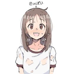 Rule 34 | 1girl, arms at sides, arrow (symbol), azumanga daiou, blush, breath, brown eyes, brown hair, collarbone, commentary, embarrassed, english commentary, gym shirt, gym uniform, highres, kasuga ayumu, long hair, looking at viewer, nervous smile, open mouth, pointing, pointing down, see-through, see-through shirt, shirt, short sleeves, simple background, sketch, smile, sportswear, steam, sweat, sweaty clothes, t-shirt, translated, upper body, white background, white shirt, zlix0n