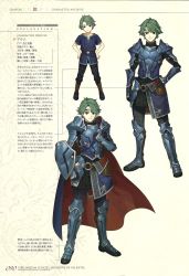 Rule 34 | alm (fire emblem), armor, character name, character profile, character sheet, child, fire emblem, fire emblem echoes: shadows of valentia, full body, gauntlets, gloves, green eyes, green hair, headband, hidari (left side), highres, male focus, multiple persona, multiple views, nintendo, non-web source, official art, scan, shield, short hair, smile