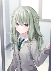 Rule 34 | 1girl, blue eyes, cardigan, classroom, closed mouth, collared shirt, green hair, green necktie, grey cardigan, hair between eyes, highres, indoors, jimmy madomagi, kusanagi nene, long hair, long sleeves, necktie, project sekai, shirt, sketch, sleeves past wrists, solo, standing, striped necktie, upper body, white shirt, wing collar