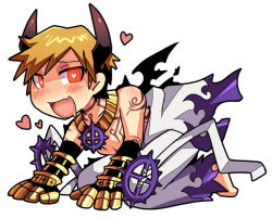 Rule 34 | 1boy, barefoot, black gloves, blush, chibi, commentary request, drooling, emon-yu, fang, full body, gauntlets, gloves, heart, heart-shaped pupils, horns, jewelry, kneeling, light brown hair, looking at viewer, male focus, mouth drool, necklace, open mouth, pants, pink eyes, ragnarok online, short hair, simple background, skin fang, smile, solo, sura (ragnarok online), symbol-shaped pupils, white background, white pants