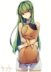 Rule 34 | 1girl, bare shoulders, c.c., cheese-kun, code geass, crossed arms, genyaky, green hair, holding, long hair, looking away, shorts, simple background, solo, twitter username, white background, yellow eyes