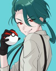 Rule 34 | 1girl, absurdres, androgynous, aqua background, black gloves, black necktie, bright pupils, collared shirt, creatures (company), earrings, game freak, gloves, green hair, grey shirt, grin, highres, holding, holding poke ball, ichimiya 888, jewelry, long hair, necktie, nintendo, poke ball, poke ball (basic), pokemon, pokemon sv, ponytail, red eyes, rika (pokemon), shirt, simple background, smile, solo, suspenders, white pupils