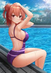 Rule 34 | 1girl, arm up, ass, bare legs, blush, breasts, casual one-piece swimsuit, closed mouth, commentary, day, feet out of frame, fence, from side, hair bun, hands on own head, highres, kazenokaze, large breasts, light rays, looking at viewer, looking to the side, o-ring, o-ring swimsuit, one-piece swimsuit, outdoors, pool, poolside, purple one-piece swimsuit, red eyes, red hair, revision, short hair, side bun, sideboob, single hair bun, single side bun, smile, soaking feet, solo, strap gap, sunbeam, sunlight, swimsuit, thighs, water, wet, yahari ore no seishun lovecome wa machigatteiru., yuigahama yui
