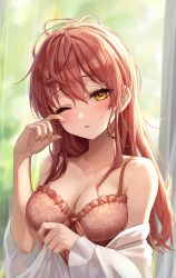 Rule 34 | 1girl, absurdres, bare shoulders, bed sheet, blurry, blurry background, blush, breasts, camisole, cleavage, collarbone, dot nose, hair between eyes, highres, holding, holding sheet, idolmaster, idolmaster cinderella girls, jougasaki mika, kudou (sikisiki0000), long hair, looking at viewer, medium breasts, messy hair, mole, mole on breast, one eye closed, parted lips, red camisole, red hair, rubbing eyes, sidelocks, solo, spaghetti strap, tearing up, upper body, waking up, yellow eyes