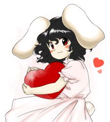 Rule 34 | 1girl, animal ears, arms up, black hair, blush, closed mouth, dress, from side, hair between eyes, hands up, heart, hug, inaba tewi, looking at viewer, nonamejd, pink dress, puffy short sleeves, puffy sleeves, rabbit ears, rabbit tail, red eyes, short hair, short sleeves, simple background, smile, solo, tail, touhou, white background, zun (style)
