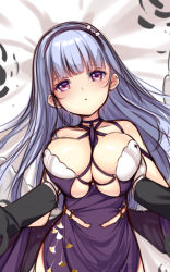 Rule 34 | 1girl, 1other, azur lane, black dress, black jacket, blue hair, grabbing another&#039;s breast, breasts, china dress, chinese clothes, cleavage, dido (anxious bisque doll) (azur lane), dido (azur lane), dress, gloves, grabbing, hairband, jacket, large breasts, long hair, looking at viewer, lying, on back, pink eyes, pov, upper body, usume shirou, white gloves