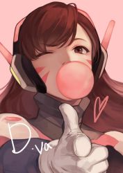 Rule 34 | 1girl, armor, bodysuit, brown eyes, brown hair, blowing bubbles, character name, chewing gum, d.va (overwatch), eyebrows, facepaint, facial mark, finger gun, gloves, headphones, heart, long hair, looking at viewer, masa ashe, one eye closed, overwatch, overwatch 1, pauldrons, pilot suit, pink background, pointing, pointing at viewer, ribbed bodysuit, shoulder armor, shoulder pads, simple background, solo, spoken heart, upper body, whisker markings, white gloves