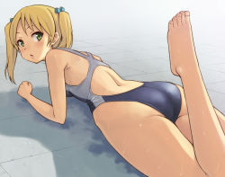 Rule 34 | 1girl, ass, barefoot, blonde hair, competition swimsuit, feet, foreshortening, green eyes, hashi, long hair, looking back, lying, on stomach, one-piece swimsuit, original, perspective, solo, swimsuit, twintails, wet