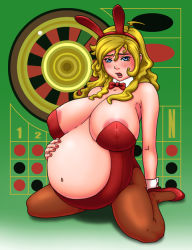 Rule 34 | 1girl, animal ears, areola slip, arm support, artist request, belly, blonde hair, blue eyes, blush, bow, bowtie, breasts, casino, detached collar, fake animal ears, hand on own stomach, high heels, huge breasts, kneeling, leotard, long hair, looking at viewer, no bra, open mouth, pantyhose, playboy bunny, pregnant, rabbit ears, revealing clothes, roulette, solo, source request