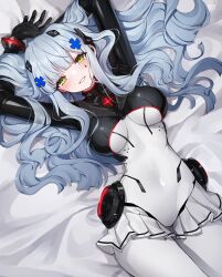 Rule 34 | 1girl, absurdres, ankkoyom, black bodysuit, blue hair, blush, bodysuit, cowboy shot, cross hair ornament, girls&#039; frontline, green eyes, hair ornament, hairclip, highres, hk416 (girls&#039; frontline), hk416 (midnight evangelion) (girls&#039; frontline), light blue hair, looking at viewer, lying, multicolored bodysuit, multicolored clothes, official alternate costume, parted lips, solo, tattoo, teardrop facial mark, teardrop tattoo, white bodysuit