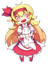Rule 34 | 1girl, ^ ^, animal, apron, blonde hair, blush, boots, cat, chibi, closed eyes, collar, dress, ellen (touhou), closed eyes, frilled dress, frills, full body, hairband, happy, heart, heart in mouth, holding, holding animal, long hair, mujib, open mouth, puffy short sleeves, puffy sleeves, red dress, short sleeves, smile, sokrates (touhou), spoken heart, touhou, touhou (pc-98), transparent background, white background