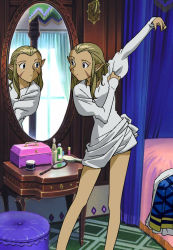 Rule 34 | 1990s (style), arm up, bare legs, bed, blonde hair, blue eyes, dressing, facial hair, indoors, jessica de alkirk, juliet sleeves, long hair, long sleeves, looking at mirror, lunar, lunar: the silver star, markings, mirror, no bangs, official art, pointy ears, puffy sleeves, reflection, retro artstyle, solo, standing
