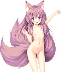 Rule 34 | 1girl, animal ear fluff, animal ears, arm up, blush, censored, collarbone, completely nude, fang, flat chest, fox ears, fox girl, fox tail, gluteal fold, long hair, madoi shiroki no kamikakushi, moekibara fumitake, mosaic censoring, multiple tails, navel, nipples, nude, official art, open mouth, photoshop (medium), purple hair, pussy, skin fang, solo, tail, tooki roka, transparent background, yellow eyes