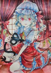 Rule 34 | 1girl, back bow, bow, chaka3464, checkered floor, collarbone, crystal, feet out of frame, flandre scarlet, frilled shirt collar, frilled skirt, frilled sleeves, frills, hat, holding, holding polearm, holding weapon, indoors, laevatein (touhou), looking at viewer, making-of available, medium hair, mob cap, multicolored wings, on floor, polearm, puffy short sleeves, puffy sleeves, red curtains, red eyes, red skirt, red vest, shirt, short sleeves, skirt, skirt set, solo, tongue, tongue out, touhou, traditional media, vest, weapon, white bow, white hat, white shirt, window, wings