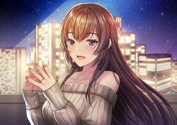 Rule 34 | 1girl, balcony, blush, brown hair, building, cityscape, commentary request, fingernails, jewelry, juukei sou, light beam, long hair, looking at viewer, nail polish, night, night sky, off-shoulder sweater, off shoulder, open mouth, original, outdoors, pink nails, purple eyes, ribbed sweater, ring, sky, skyscraper, sleeves past wrists, solo, standing, star (sky), starry sky, steepled fingers, sweater, thick eyebrows, very long hair, wedding band