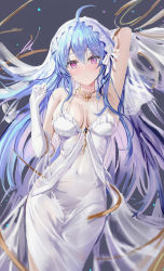 Rule 34 | 1girl, absurdres, age fx, ahoge, arm behind head, arm up, armpits, azur lane, bare shoulders, blue hair, blush, breasts, bridal veil, bride, cleavage, collarbone, covered navel, dress, elbow gloves, gloves, helena (azur lane), helena (miracle in white) (azur lane), highres, long hair, looking at viewer, medium breasts, official alternate costume, purple eyes, solo, veil, wedding dress, white dress, white gloves
