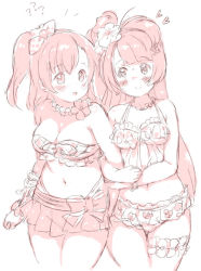 Rule 34 | 2girls, :d, ?, arm hug, bikini, bikini skirt, bow, bracelet, breasts, cleavage, clenched hand, cowboy shot, flower, flower necklace, hair bow, hair flower, hair ornament, heart, jewelry, kosaka honoka, long hair, looking at another, love live!, love live! school idol project, medium breasts, minami kotori, monochrome, multiple girls, necklace, one side up, open mouth, randou, scrunchie, sketch, smile, stomach, sweatdrop, swimsuit, thigh strap, wrist scrunchie, yuri
