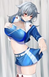 Rule 34 | 1girl, absurdres, black hair, blue jacket, blue skirt, breasts, commentary request, commission, cowboy shot, cropped jacket, hair flaps, halterneck, highres, jacket, jingei (kancolle), kantai collection, large breasts, looking back, miniskirt, race queen, red eyes, skeb commission, skirt, skirt hold, solo, thighhighs, toriniku senshi chikinman, turtleneck, white thighhighs, wince