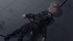 1girl black_footwear blonde_hair chain chained clenched_hands collar english_text euphoria_(clockup) facing_up grey_eyes highres indoors looking_at_viewer looking_up lying manaka_nemu on_back on_ground outstretched_arms pleated_skirt restrained school_uniform short_hair skirt tile_floor tiles