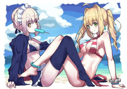 Rule 34 | 2girls, ahoge, apron, artoria pendragon (all), artoria pendragon (alter swimsuit rider) (fate), artoria pendragon (alter swimsuit rider) (second ascension) (fate), artoria pendragon (fate), barefoot, bikini, bikini top only, black bikini, black jacket, black legwear, blonde hair, braid, breasts, cleavage, crossed legs, day, fate/grand order, fate (series), food, frilled bikini, frills, from side, full body, green eyes, hair bun, hair intakes, halterneck, highres, hood, hooded jacket, jacket, long hair, looking at viewer, maid, maid bikini, maid headdress, medium breasts, mouth hold, multiple girls, nero claudius (fate), nero claudius (fate) (all), nero claudius (swimsuit caster) (fate), open clothes, open jacket, outdoors, pantie painting, platinum blonde hair, popsicle, saber alter, side-tie bikini bottom, single hair bun, sitting, sky, smile, striped bikini, striped clothes, swimsuit, thighhighs, twintails, unconventional maid, waist apron, yellow eyes