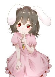 Rule 34 | 1girl, animal ears, bad deviantart id, bad id, brown hair, disco brando, dress, inaba tewi, jewelry, looking at another, pink dress, rabbit ears, red eyes, short hair, simple background, smile, solo, touhou, upper body