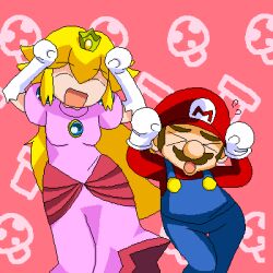 1boy 1girl ^_^ arms_up blonde_hair blue_eyes brown_hair caramelldansen closed_eyes crown dancing dress earrings facial_hair gloves jewelry long_hair long_sleeves lowres mario mario_(series) mo_(at900c) mustache nintendo open_mouth parody princess_peach shirt short_hair smile sphere_earrings