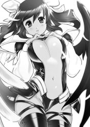 Rule 34 | 1girl, angel wings, arc system works, asymmetrical wings, black panties, breasts, center opening, cleavage, covered erect nipples, dizzy (guilty gear), feathers, greyscale, guilty gear, guilty gear x, guilty gear xx, hair ribbon, hair rings, highres, large breasts, leg ribbon, long hair, long sleeves, looking at viewer, monochrome, navel, optionaltypo, panties, puffy long sleeves, puffy sleeves, ribbon, skindentation, solo, tail, thigh ribbon, thigh strap, thighhighs, twintails, underboob, underwear, wings