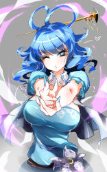 Rule 34 | 1girl, belt, black belt, blue dress, blue eyes, blue hair, blue nails, blush, breasts, commentary request, dress, finger gun, fingernails, floral print, flower, grey background, hair ornament, hair rings, hair stick, heart, highres, kaku seiga, large breasts, long fingernails, looking at viewer, nail polish, no nose, one-hour drawing challenge, one eye closed, parted lips, puffy short sleeves, puffy sleeves, raptor7, sharp fingernails, short hair, short sleeves, solo, touhou, upper body, vest, white vest, wing collar