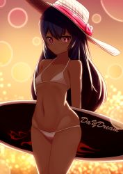 Rule 34 | 1girl, arms behind back, backlighting, bad id, bad pixiv id, bare shoulders, bikini, black hair, blush, closed mouth, collarbone, covered erect nipples, cowboy shot, dark, daydream (zhdkffk21), english text, expressionless, eyebrows, flat chest, groin, hair between eyes, halterneck, hat, highres, holding, holding behind back, long hair, looking at viewer, navel, ocean, original, pink eyes, purple eyes, purple hair, skindentation, solo, standing, stomach, sun hat, sunlight, sunset, surfboard, swimsuit, text focus, very long hair, water, white bikini, white hat