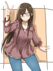 Rule 34 | 1girl, ;), absurdres, amu (258shin), aqua eyes, bad id, bad pixiv id, blush, brown hair, contrapposto, denim, frilled shirt, frills, glasses, highres, index finger raised, jeans, long hair, looking at viewer, one eye closed, original, pants, shirt, smile, solo, standing, taut clothes, very long hair