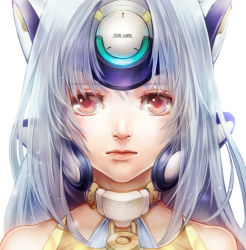 Rule 34 | 00s, 1girl, android, bad id, bad pixiv id, bare shoulders, blue hair, character name, headgear, highres, kos-mos, kos-mos ver. 4, lips, long hair, looking at viewer, portrait, red eyes, senano-yu, simple background, solo, upper body, white background, xenosaga, xenosaga episode iii