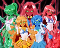 Rule 34 | 1girl, aino minako, arm at side, bishoujo senshi sailor moon, bishoujo senshi sailor moon r, blue bow, blue choker, blue hair, blue skin, blue skirt, blush, bow, bowtie, breasts, choker, circlet, colored skin, corruption, cosplay, covered navel, crossed arms, earrings, elbow gloves, gloves, gradient background, green choker, green eyes, green skin, green skirt, hair bobbles, hair bow, hair ornament, hand on own hip, hand up, heart, heart earrings, hino rei, jamanen, jewelry, kino makoto, long hair, looking at viewer, medium breasts, medium hair, mizuno ami, monster girl, monsterification, navel, necklace, orange choker, orange skin, pink bow, ponytail, red choker, red skin, red skirt, rethnick, sailor jupiter, sailor mars, sailor mars (cosplay), sailor mercury, sailor mercury (cosplay), sailor senshi uniform, sailor venus, shirt, short sleeves, simple background, skirt, sleeveless, slime (substance), slime girl, slimification, small breasts, smile, solo, standing, star (symbol), star earrings, very long hair, white gloves, white shirt, yellow bow, yellow bowtie, yellow skirt